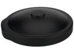 A round, black cover with a small raised center handle, like the Vestil Black Drum Cover Universal Fit, designed for any circular pot or pan. It features a smooth surface and slight edge lip for secure placement.