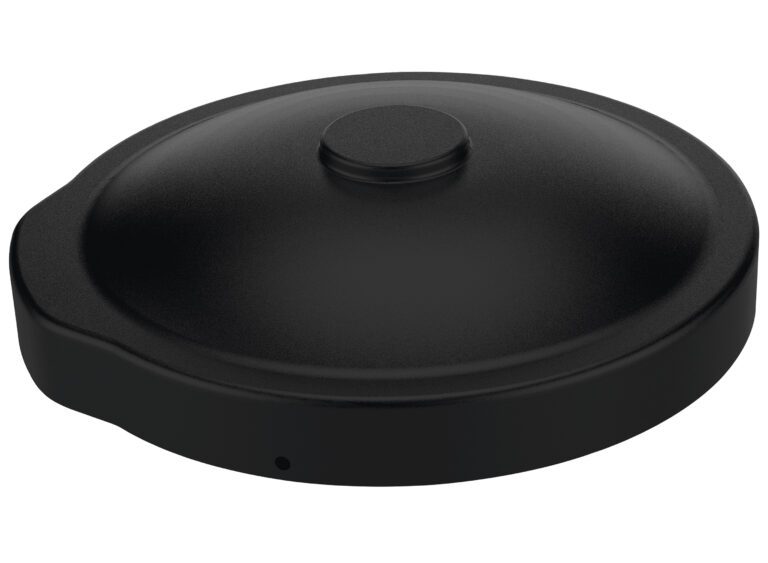 A round, black cover with a small raised center handle, like the Vestil Black Drum Cover Universal Fit, designed for any circular pot or pan. It features a smooth surface and slight edge lip for secure placement.