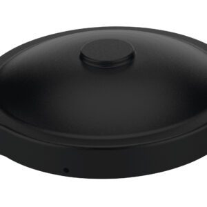A round, black cover with a small raised center handle, like the Vestil Black Drum Cover Universal Fit, designed for any circular pot or pan. It features a smooth surface and slight edge lip for secure placement.