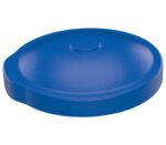 The Vestil Blue Drum Cover Universal Fit is a round, blue plastic lid with a central raised area and broad rim. It features a side tab for easy handling and compatibility with various containers.