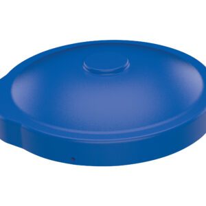 The Vestil Blue Drum Cover Universal Fit is a round, blue plastic lid with a central raised area and broad rim. It features a side tab for easy handling and compatibility with various containers.