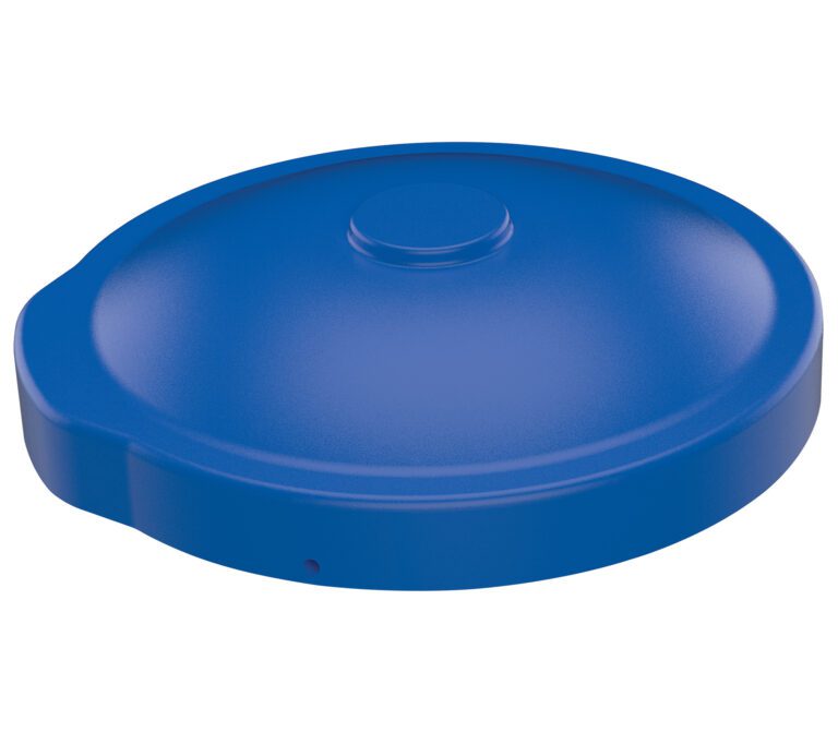 The Vestil Blue Drum Cover Universal Fit is a round, blue plastic lid with a central raised area and broad rim. It features a side tab for easy handling and compatibility with various containers.