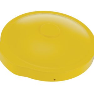 The Vestil Yellow Drum Cover Universal Fit, with a raised circular top, stands out vividly against a white backdrop, showcasing both functionality and style.
