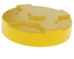 The Vestil Yellow Drum Cover 55 Gallon is round and yellow with a flat top, central raised section, four evenly spaced ridges, smooth texture, and slightly beveled sides for a secure fit.