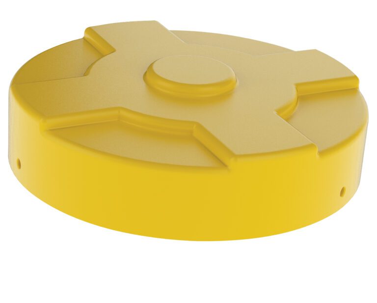 The Vestil Yellow Drum Cover 55 Gallon is round and yellow with a flat top, central raised section, four evenly spaced ridges, smooth texture, and slightly beveled sides for a secure fit.