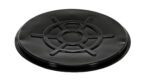 The Vestil Blk Plastic Drum Cover for Close Head 55 Gal drums is a black, circular plastic lid with a star-shaped pattern and a glossy finish that elegantly enhances its practical function.