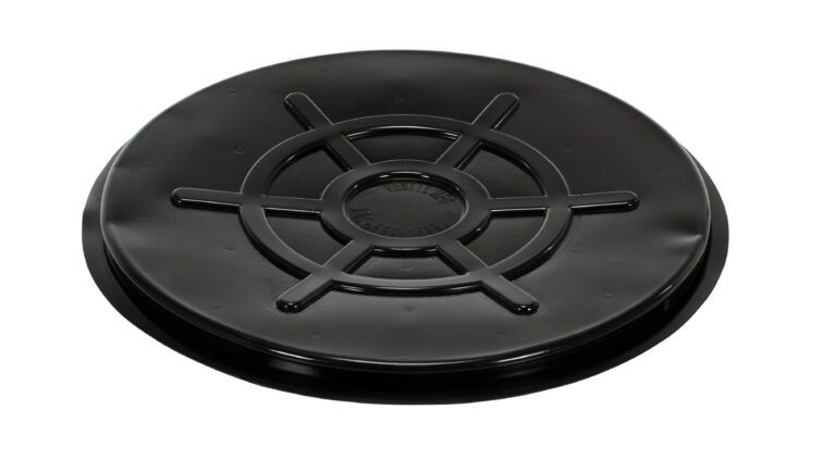 DC-TP-B_A.jpg The Vestil Blk Plastic Drum Cover for Close Head 55 Gal drums is a black, circular plastic lid with a star-shaped pattern and a glossy finish that elegantly enhances its practical function.