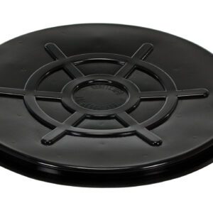 The Vestil Blk Plastic Drum Cover for Close Head 55 Gal drums is a black, circular plastic lid with a star-shaped pattern and a glossy finish that elegantly enhances its practical function.