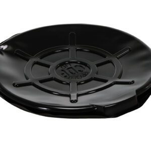 A black vinyl record lies flat against a white background, similar to a Vestil Blk Plastic Drum Cover Open Head 55 Gal. The shiny surface reflects minimal light and features grooves with a central label showing artist and album info.