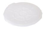 A slightly angled, round translucent plastic lid for the 55 Gal Vestil Clr Drum Cover features a circular ridged pattern, a small tab on the edge, and an embossed design with faint letters in the center.