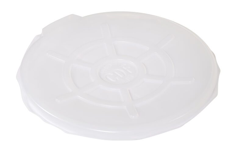 A slightly angled, round translucent plastic lid for the 55 Gal Vestil Clr Drum Cover features a circular ridged pattern, a small tab on the edge, and an embossed design with faint letters in the center.
