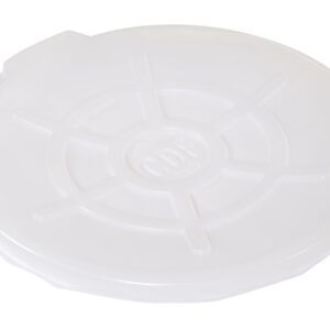 A slightly angled, round translucent plastic lid for the 55 Gal Vestil Clr Drum Cover features a circular ridged pattern, a small tab on the edge, and an embossed design with faint letters in the center.