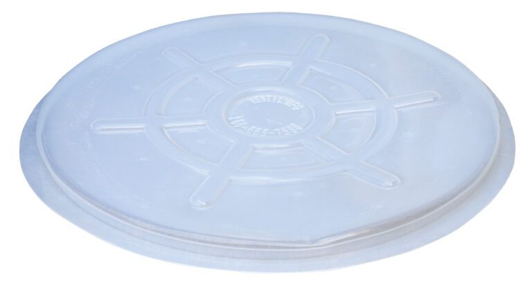 The Vestil Clr Plastic Drum Cover features a circular shape with a raised, wheel-like design, ideal for covering close head 55-gallon drums.