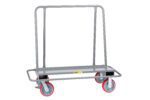 The Little Giant Drywall Cart with Steel Bumper Frame features a gray metal frame, red wheels, a rectangular base, and a vertical handle, making it ideal for smoothly transporting stacks of chairs against the plain white backdrop.