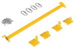 The Vestil Dock Chain Barrier Bollard Conv Hdwr Kit includes a yellow metal bar with mounting brackets, bolts, and four snap hooks on a white background. It features multiple holes for secure assembly, perfect for use in construction or support systems.