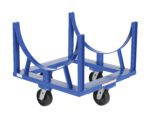 The Vestil Heavy Duty Cradle Cart 4K Lb, sized at 30.375 x 30.6875, is a blue steel drum dolly with four black caster wheels and a curved frame to easily secure large cylindrical objects for transportation, featuring sturdy metal bars and supports designed to handle up to 4000 lbs.