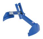 The Vestil Drum Clutcher 55-Gallon Steel Drum 1K is a blue mechanical lifting clamp for 55-gallon steel drums, featuring two curved arms and a sturdy central bar to lift up to 1,000 pounds. It adjusts easily with a bolt and is clearly labeled for quick identification.