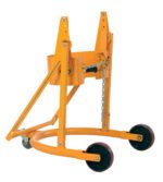 The orange, wheeled industrial drum lifter with a metal frame and chain mechanism resembles the Vestil Manual Drum Carrier/Rotator 55 Gal 800Lb. It can handle up to 55-gallon drums and features two large wheels plus a small stabilizing wheel.