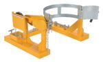The Vestil Fork Truck Drum Carrier/Rotator 800 Lb features a yellow metal design with a chain mechanism and adjustable clamp for secure handling, supporting up to 800 lb. Its sturdy, angular design includes a protective latch on the right side, ideal for industrial use.