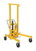 The Vestil Foot Pump Drum Transporter/Control 880, a yellow hydraulic pallet stacker, features four wheels, a handle, and a lifting mechanism. Its built for moving heavy loads with a sturdy frame and manual control lever for precision handling.