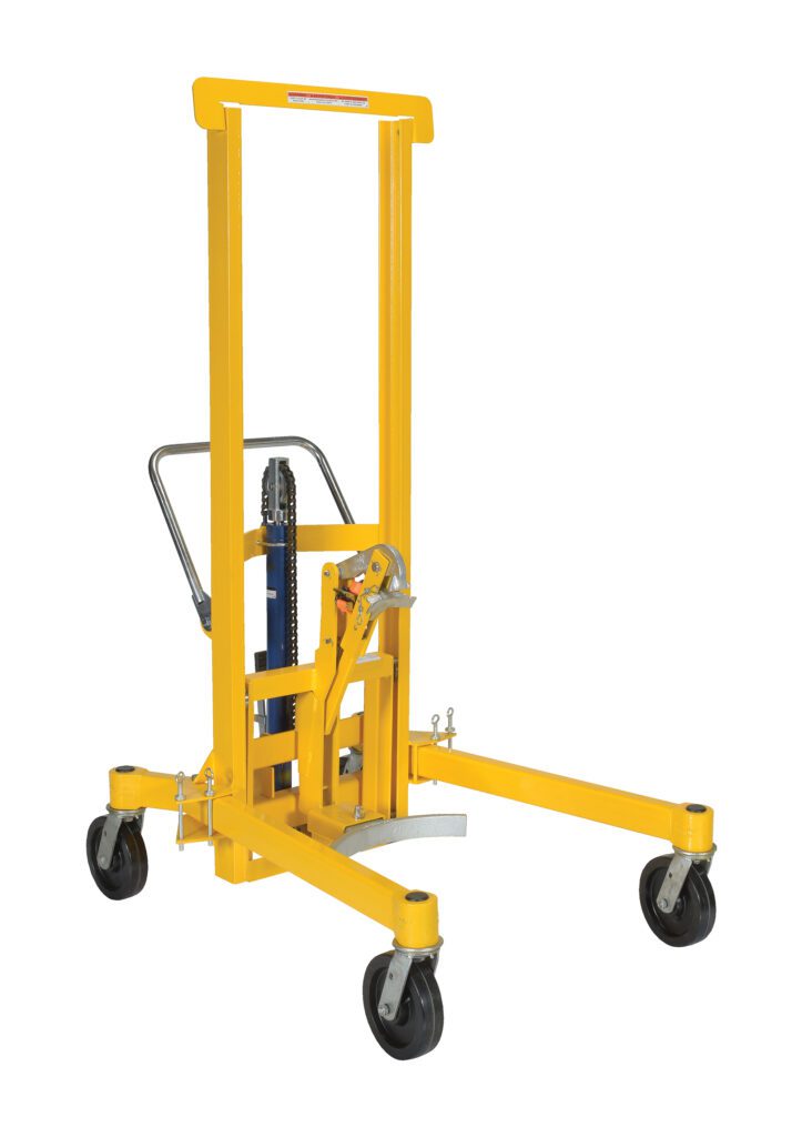 DCR-880-H-HP_A.jpg The Vestil Foot Pump Drum Transporter/Control 880, a yellow hydraulic pallet stacker, features four wheels, a handle, and a lifting mechanism. Its built for moving heavy loads with a sturdy frame and manual control lever for precision handling.