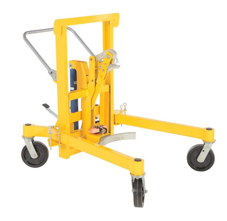 DCR-880-H_A.jpg The Vestil Foot Pump Drum Transporter/Control 1500 features a yellow hydraulic design, four black wheels, and a metal handle, making it ideal for efficiently lifting and transporting drums in industrial settings.