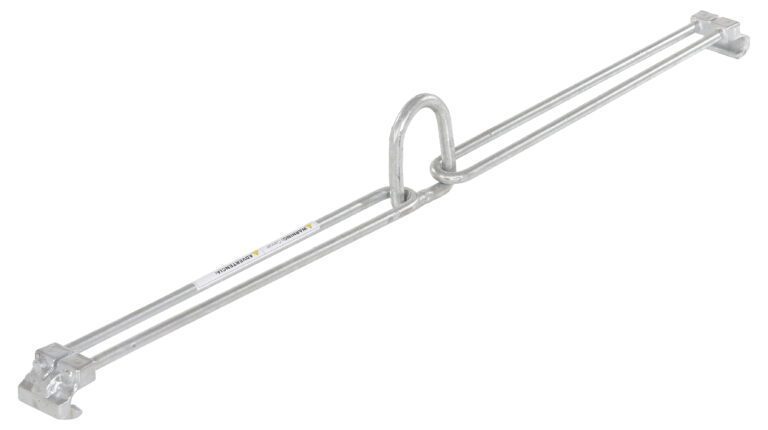 The Vestil Iron Style Drum Sling 1K Capacity is a metal tool with a U-shaped handle and parallel rods, used for gripping or clamping. It includes a label on one rod and appears to be made from durable steel or aluminum.