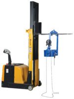 A yellow industrial forklift with a black mast and blue chain, designed for the Vestil Drum Hoist Carrier/Rotator 1500 lb capacity task, has a comfortable seat and control handle, displayed against a plain white background.