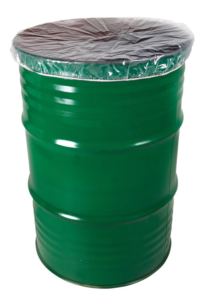 DCVR-30-E-AS_A.jpg A green metal barrel with a clear plastic cover, featuring slightly raised bands around its cylindrical body, uses the Vestil Elastic Drum Cover Antistat 30 Gallon for safe storage or transport.