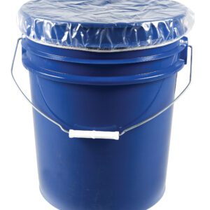 The blue plastic bucket, with a metal handle and white grip, is enhanced by the Vestil Elastic Drum Cover 5 Gal. This practical cover turns the 5-gallon container into an airtight storage solution.