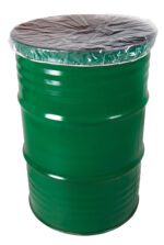 A green 55-gallon metal barrel with visible ridges is topped with a transparent Vestil Elastic Drum Cover, set against a white background.