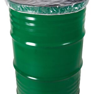 A green 55-gallon metal barrel with visible ridges is topped with a transparent Vestil Elastic Drum Cover, set against a white background.