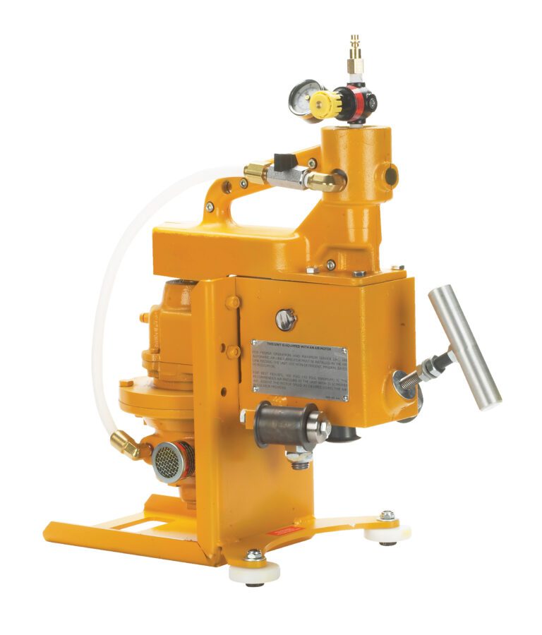A small, yellow industrial pump similar to the Vestil Air Powered Drum Deheader 1-2 Pass, complete with multiple valves and knobs. It has a top handle, a solid base, a side metal lever, and a connected hose.