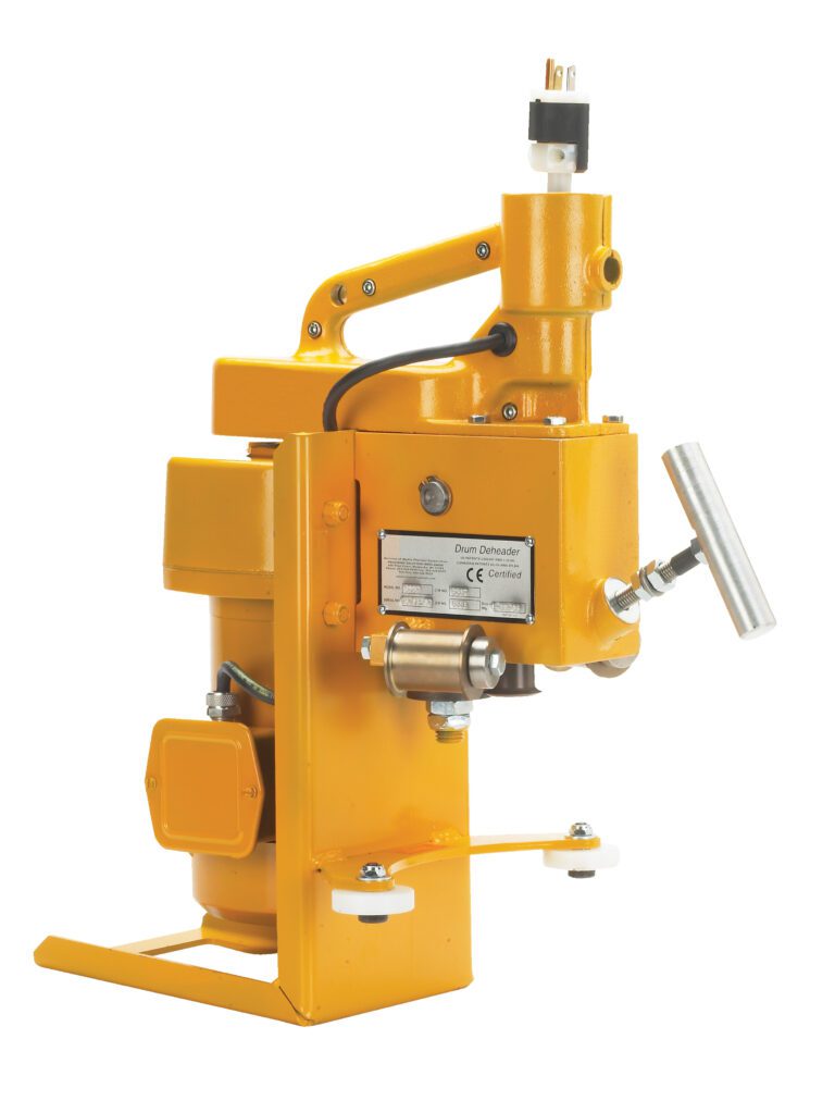 DD-EX-E_A.jpg The Vestil High Duty Elec Drum Deheader 1-2 Pass is a yellow industrial machine with a sturdy handle and metal components. It features a control lever, top-mounted power plug, and side label with technical details, all set against a pristine white background for an efficient design.