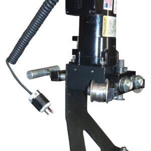A black Vestil Electric Drum Deheader 3-5 Pass, with a tripod base and rubber feet, has cylindrical parts and an American flag sticker. Nearby is a coiled power cable ending in an electrical plug.