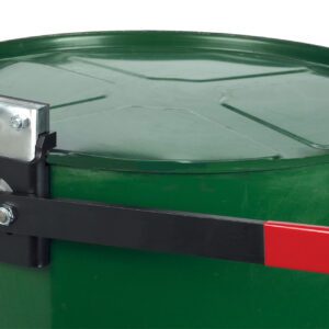 A glossy green metal drum with a smooth surface features a black and red lever latch. Its lid is secured using a Vestil Manual Drum Deheader 1 Pass, ensuring easy handling.