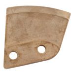 A triangular, weathered metal piece with two round holes by one edge, similar to a bracket. Its rusty surface suggests it might once have been part of a Vestil Non Spark Drum Deheader Replac. Blade.