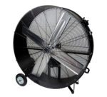 The Vestil Commercial Belt Driven Portable Blower includes a large industrial fan with a metal frame, protective wire grille, durable blades on wheels for mobility, and a top handle for easy maneuvering.