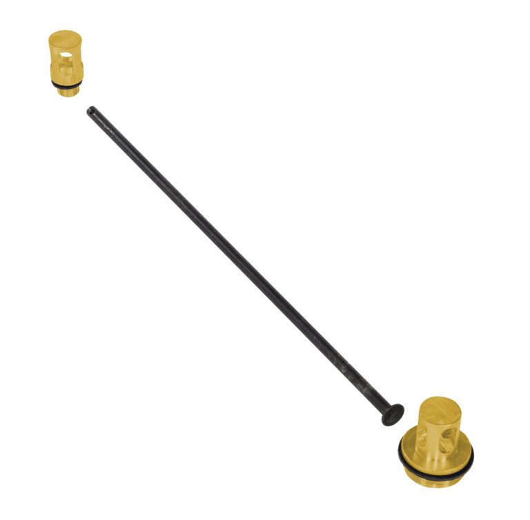 A brass pop-up drain assembly, like the Vestil Double Drum Lock for 55-gallon drums, features two cylindrical caps and a slender rod. The linear arrangement reflects the robust design principles of drum handling equipment.