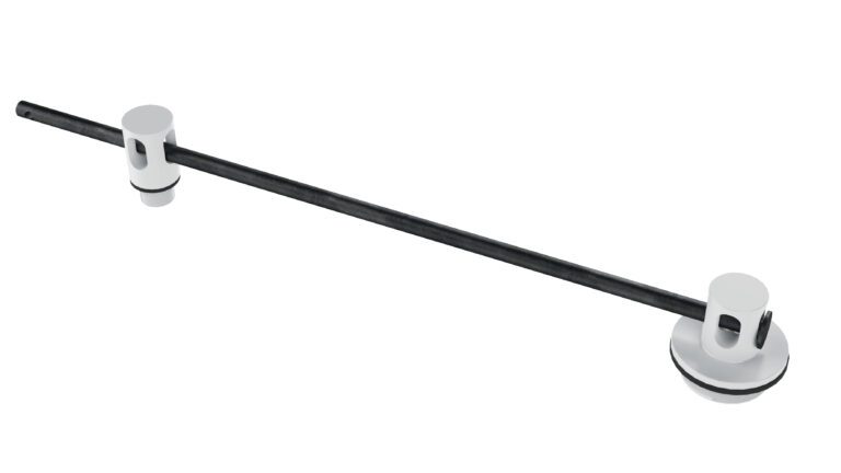 A Vestil Double Drum Lock, 55 Gallon Drum, made of durable plastic features a long slender black rod with white round attachments resembling curtain rod finials, appearing suspended on a plain white background.