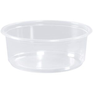 The MH-USA Deli Containers - 8 oz. (500/Case) are round, clear, and lidless plastic containers ideal for storing food or small items. Their sleek design contrasts beautifully with a plain white background.