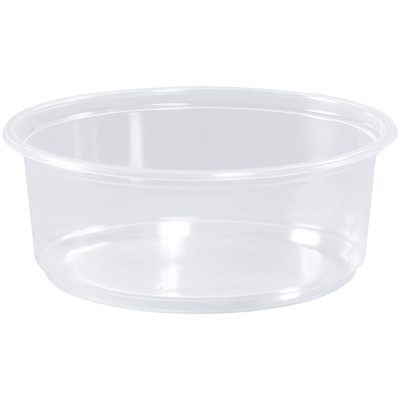 DELI08.jpg The MH-USA Deli Containers - 8 oz. (500/Case) are round, clear, and lidless plastic containers ideal for storing food or small items. Their sleek design contrasts beautifully with a plain white background.
