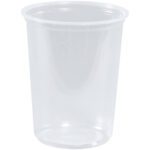 A clear plastic cup, similar to the MH-USA Deli Containers - 32 oz. (500/Case), is set upright on a white background, highlighting its sleek surface and transparency.