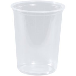 A clear plastic cup, similar to the MH-USA Deli Containers - 32 oz. (500/Case), is set upright on a white background, highlighting its sleek surface and transparency.