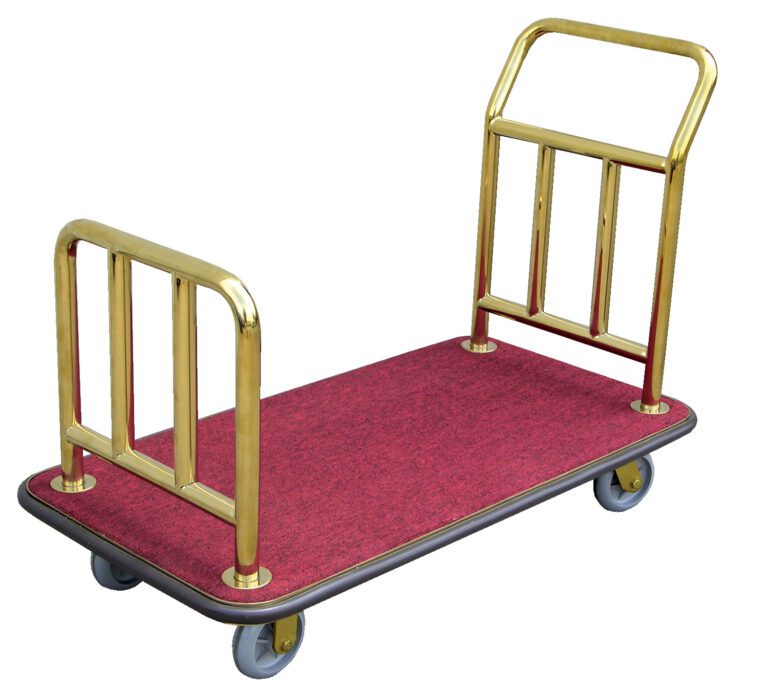 A hotel luggage cart has a red carpeted base, gold-colored metal frames on both ends, and four gray wheels, mirroring the elegance of the Vestil Deluxe Platform Cart 600 lb Capacity.