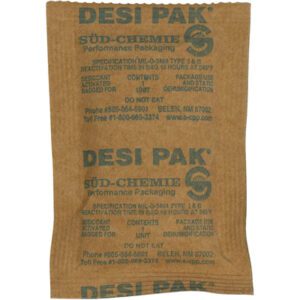 The 3 x 4 x 1/4 Kraft Clay Desiccants in a brown Desi Pak packet with blue text offer product info, usage instructions, and warnings like Do Not Eat. Ideal for moisture absorption, these desiccants come in a 34-gallon drum containing up to 1300 packets.