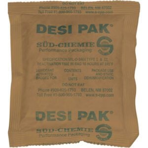 A 5 x 5 1/2 x 1/2 Kraft Clay Desiccant for a 34-gallon drum (500/drum) features Süd-Chemies Belen, NM contact info, comes with technical specs, and is labeled DO NOT EAT.
