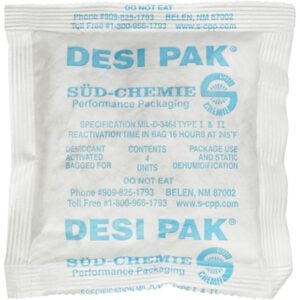The 1 1/2 x 3 1/4 x 1/4 Tyvek® Clay Desiccants from Süd-Chemie are moisture-controlling packets with blue text, reactivation advice, and company info. Packed in a convenient size (5 Gallon Pail, 550/Case), they come with the warning: DO NOT EAT.