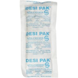 A small Tyvek® packet labeled Desi Pak by Süd-Chemie, used for moisture control, fits a 5-gallon pail perfectly (150 per case). Essential not to eat, the packet includes contact info in blue.