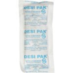 The 3 x 6 x 3/8 Tyvek® Clay Desiccants, available in a 34 Gallon Drum (800/Drum), are marked with the DESI PAK label and critical instructions. Featuring clay desiccant and a Do Not Eat warning, they come in blue text inside a clear, sealed pouch.